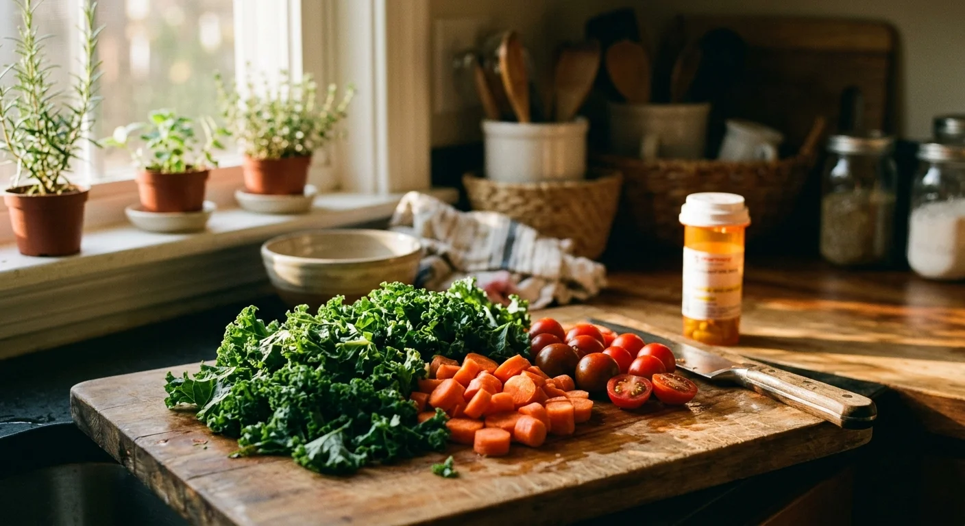 A close-up photograph of fresh, colorful vegetables on a cutting board with a prescription bottle softly blurred in the background.
