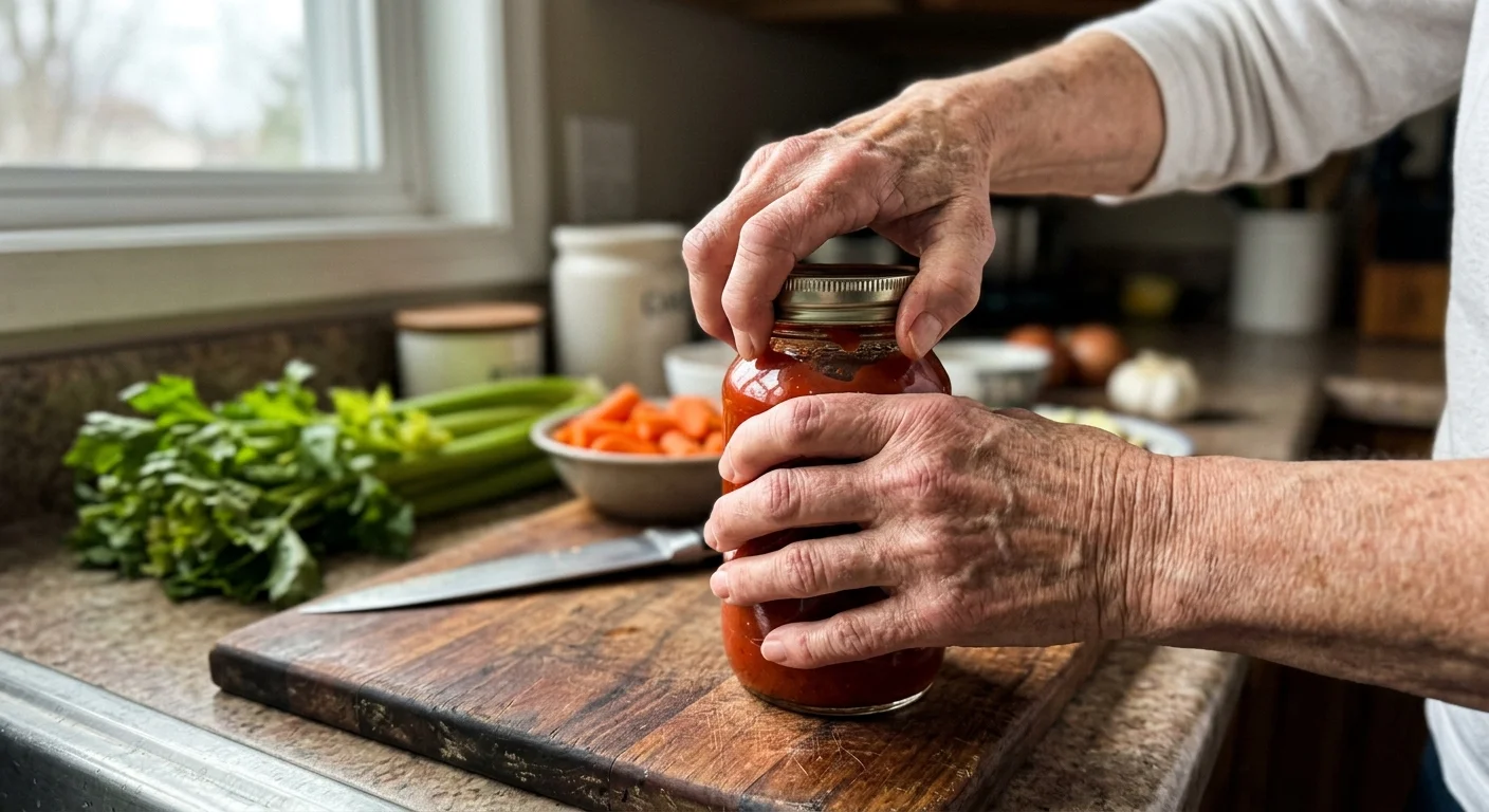A close-up photograph of senior hands with arthritis attempting to open a glass jar on a kitchen counter.