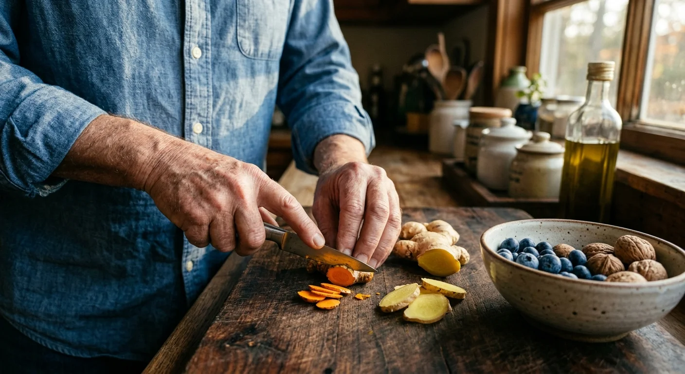 A close-up shot of a senior man's hands slicing fresh turmeric and ginger on a rustic wooden cutting board in a sunlit kitchen.