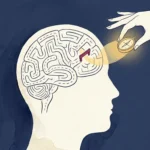 A conceptual illustration of a head profile containing a map with a small barrier and a hand holding a golden compass guiding the way.