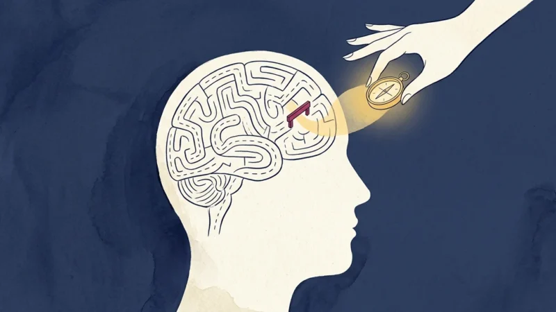 A conceptual illustration of a head profile containing a map with a small barrier and a hand holding a golden compass guiding the way.