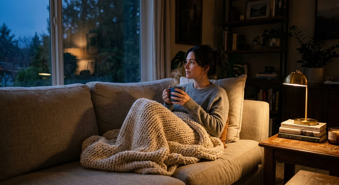 A cozy documentary photograph of a person wrapping up in a blanket on a sofa at night, peacefully drinking a warm mug of decaf coffee.