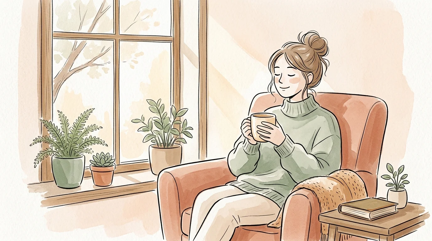 A cozy, minimalist illustration of a person sitting by a window with a warm mug, surrounded by gentle green houseplants.