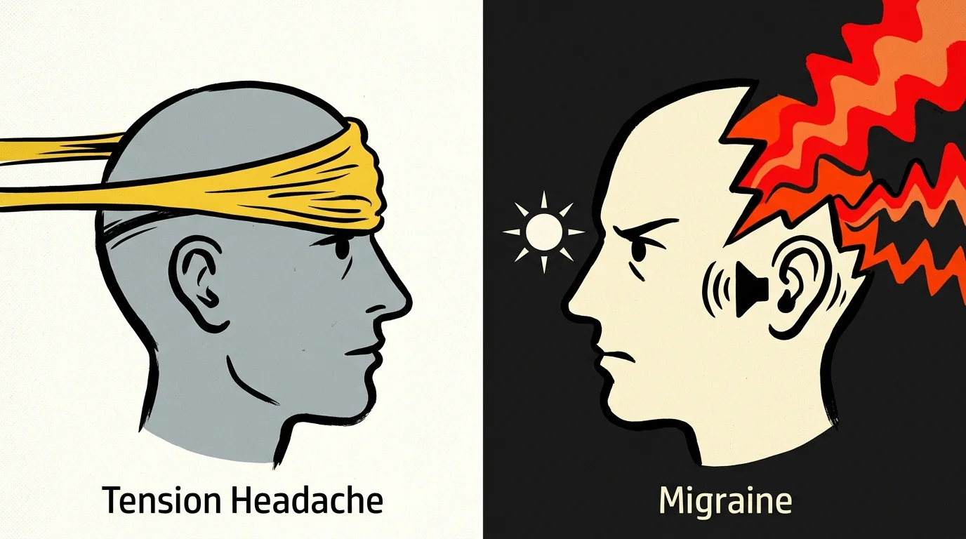 A dual-panel illustration comparing a head squeezed by a tight yellow rubber band with a head radiating jagged red waves of pain.
