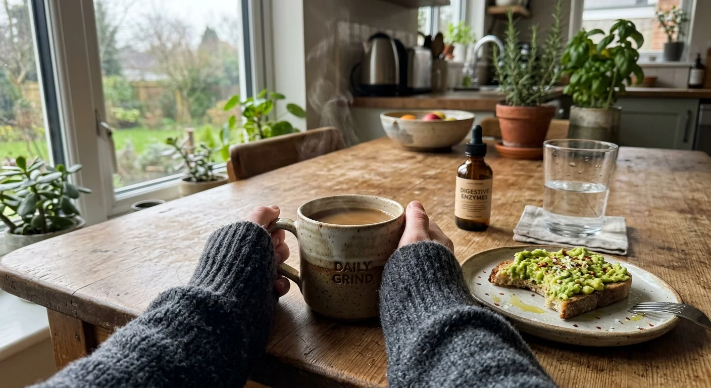 A first-person documentary photograph of hands holding a warm ceramic mug of decaf coffee at a rustic kitchen table during breakfast.