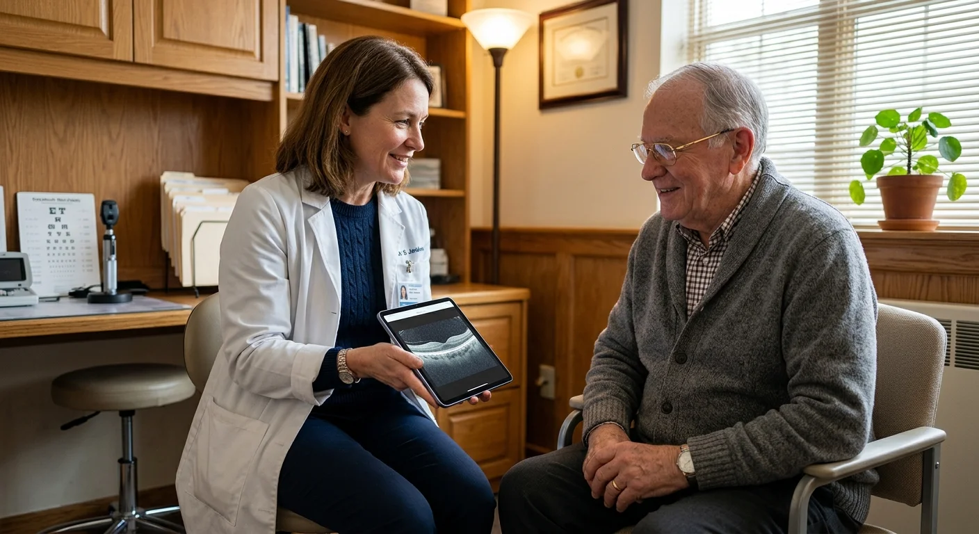 A friendly female eye doctor sharing diagnostic scan results on a tablet with an older male patient in a warm, comfortable clinic room.