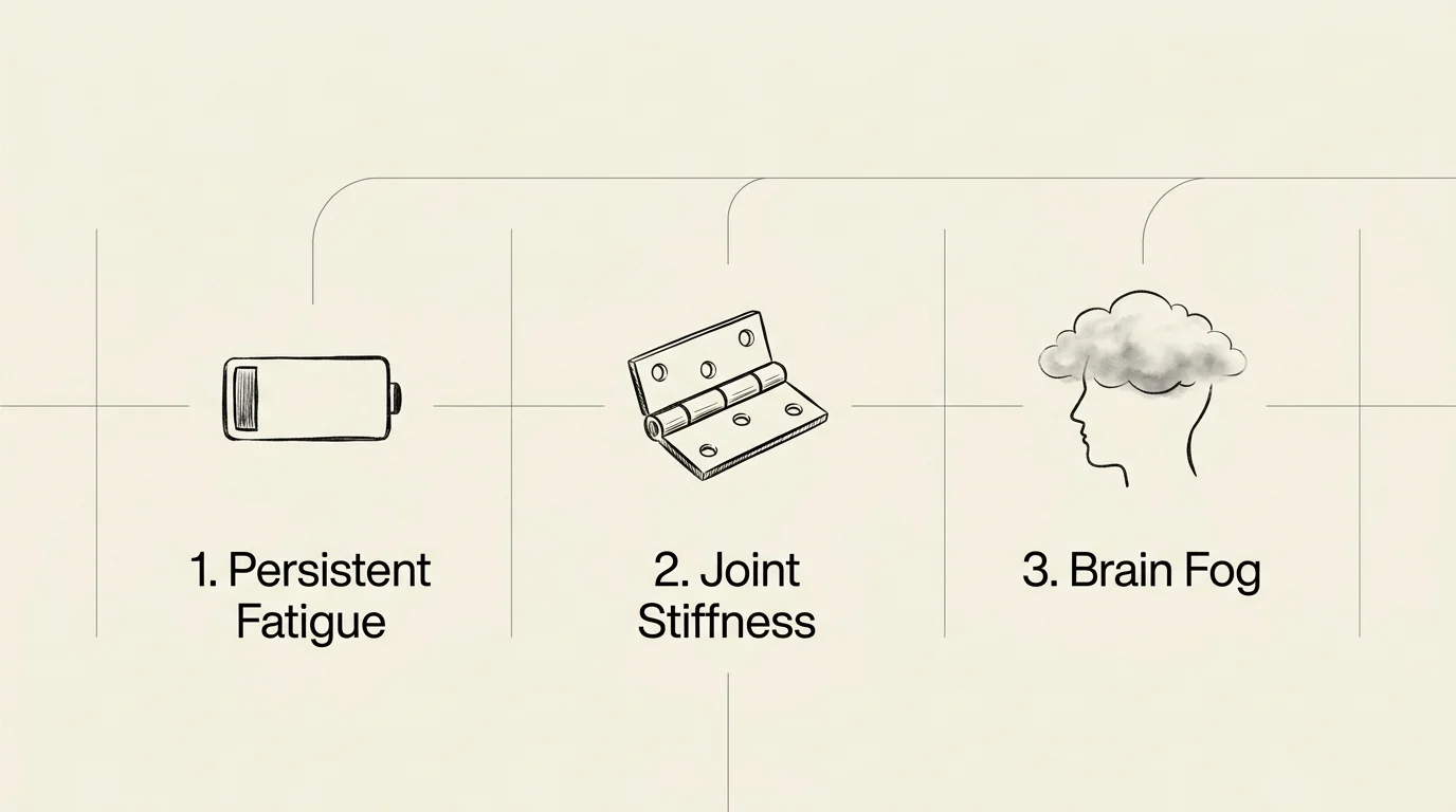 A horizontal editorial infographic showing icons for persistent fatigue, joint stiffness, and brain fog.