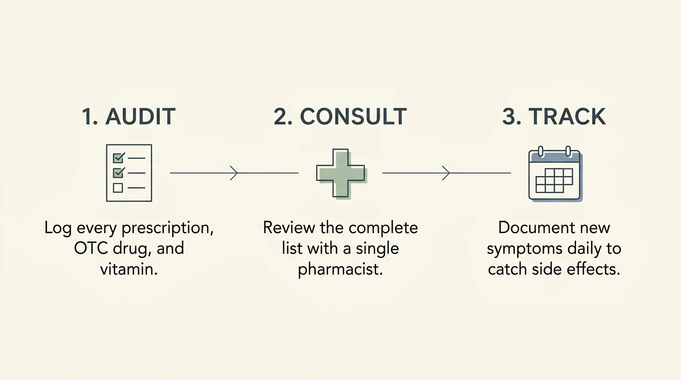 A horizontal minimalist diagram outlining three steps to manage medications: Audit, Consult, and Track, with clean line icons.