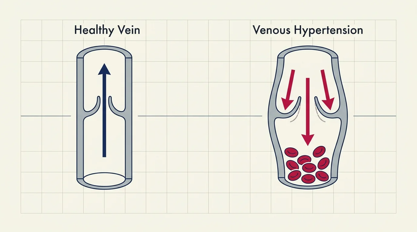 A medical diagram comparing healthy upward venous blood flow with backflow and pooling in venous hypertension.