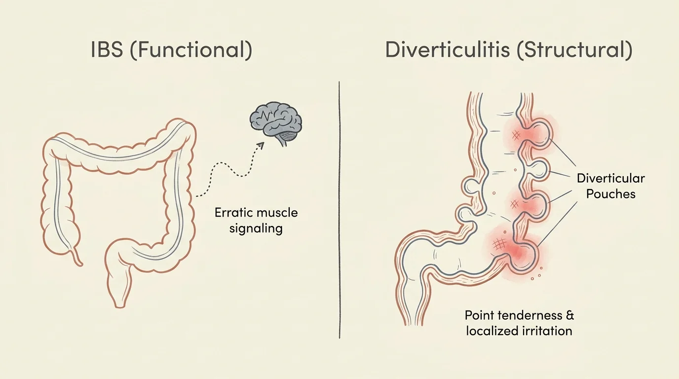 A minimalist medical diagram comparing the functional nature of IBS with the structural pouches of diverticulitis.
