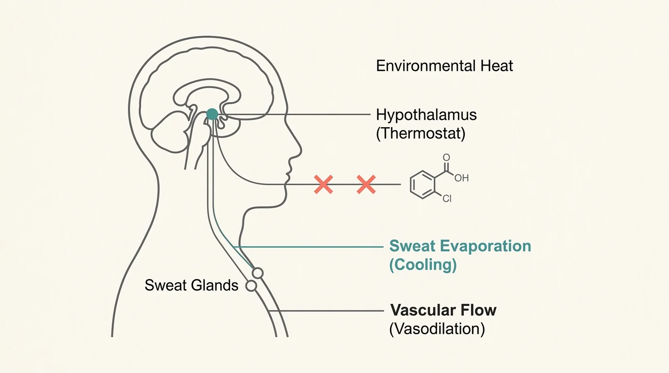 A minimalist medical diagram showing how environmental heat triggers the hypothalamus and how medications block natural cooling pathways.