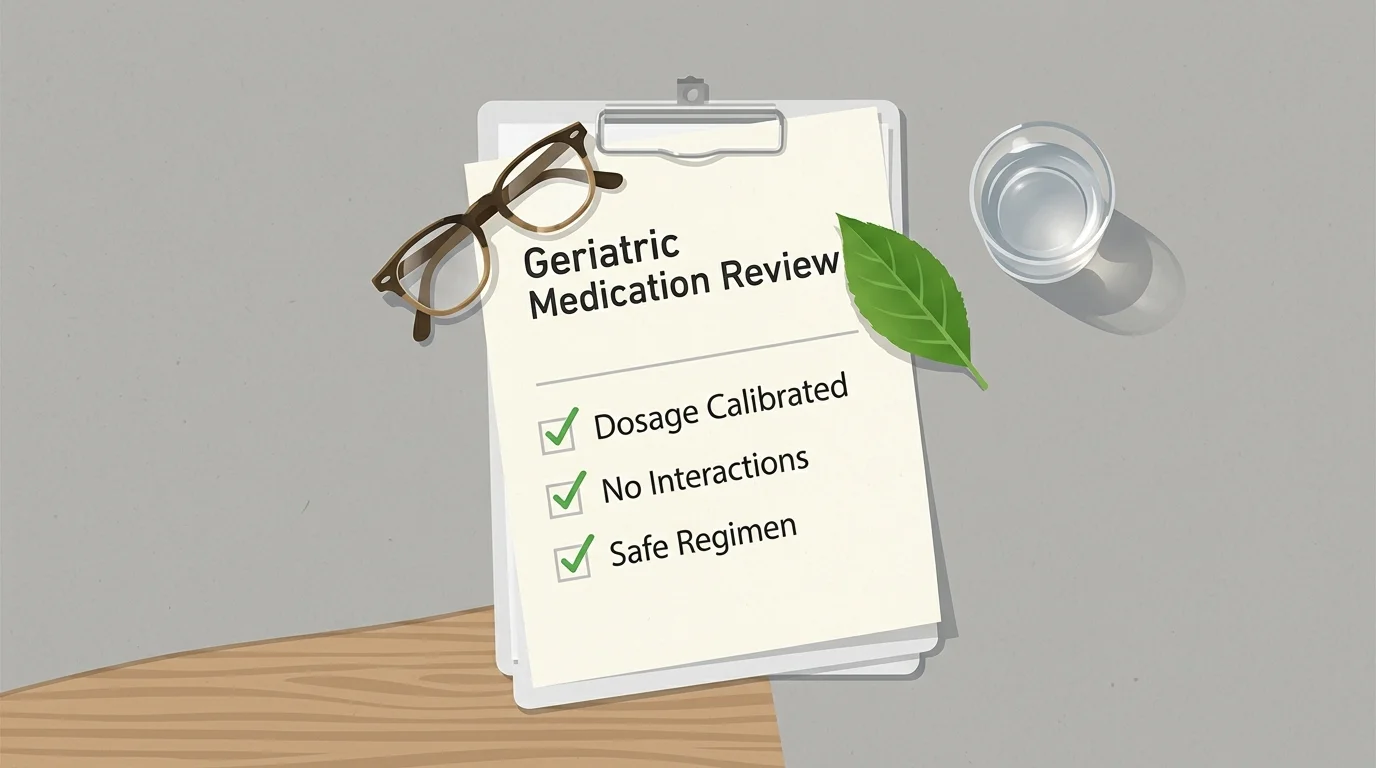 A minimalist top-down illustration of a geriatric medical review checklist with a pair of reading glasses on a desk.