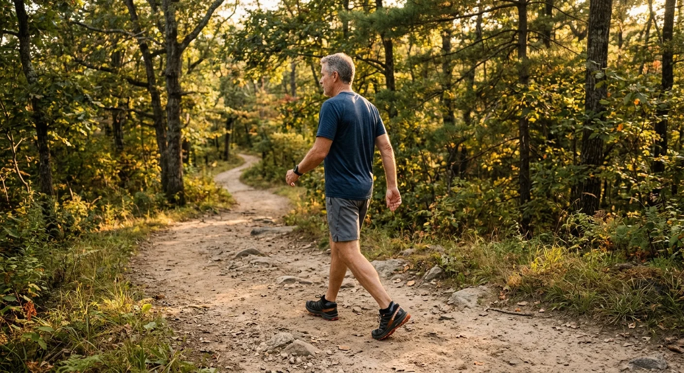 A person in casual activewear walking along a sunlit dirt trail in a park during the warm afternoon golden hour.