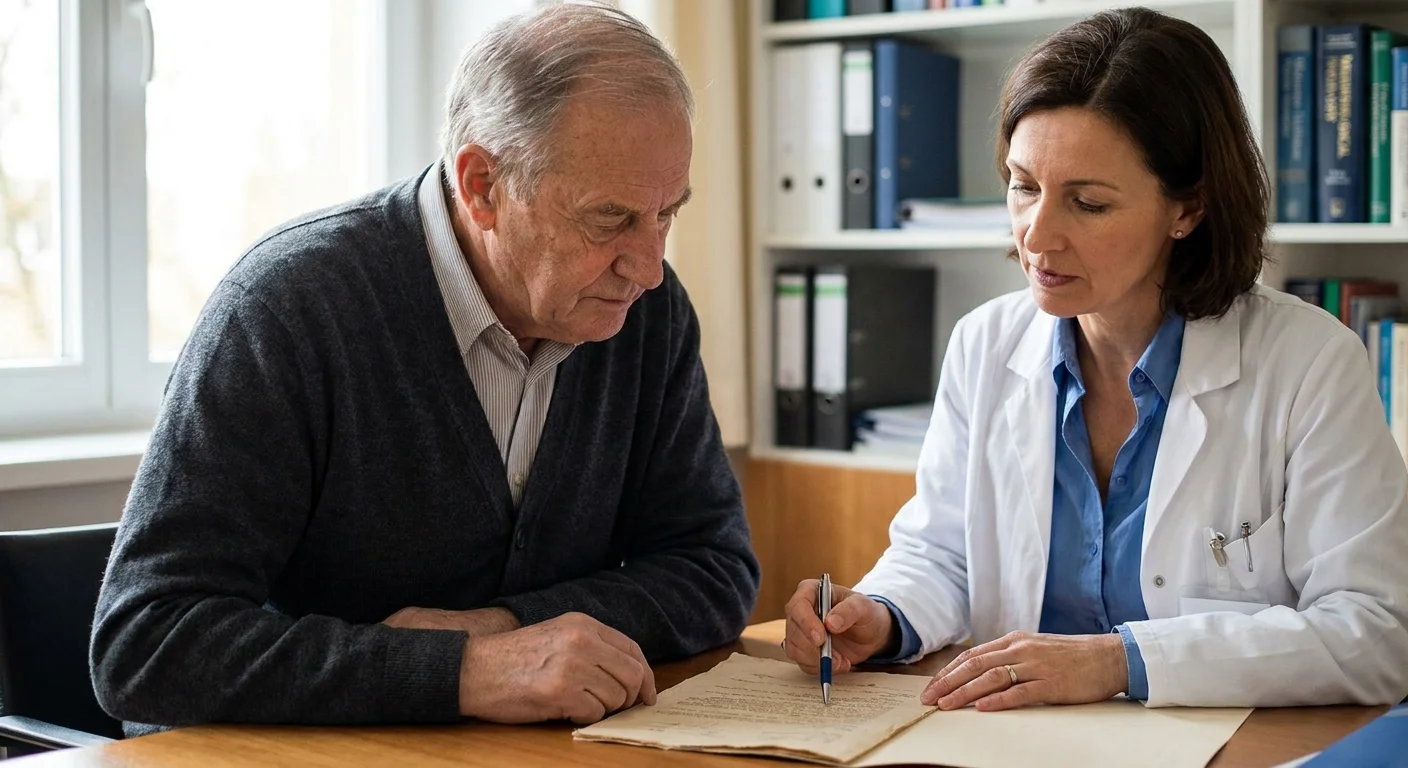 A senior patient and a doctor discuss medical results together in a warm, naturally lit office, conveying trust and collaboration.