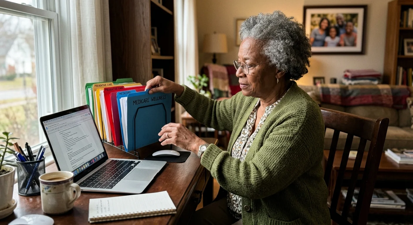 A senior woman sits at her cozy home desk organizing medical folders with a look of calm confidence.