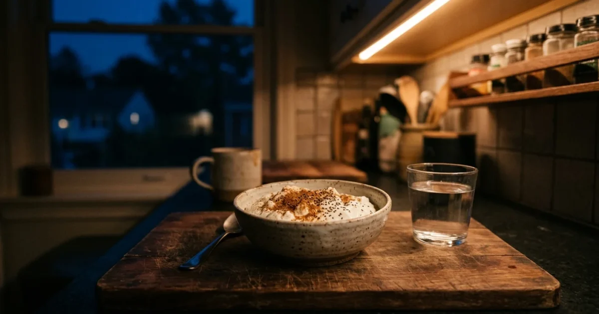 A small bowl of Greek yogurt with chia seeds and cinnamon on a wooden cutting board in a dimly lit kitchen at night.
