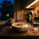 A small bowl of Greek yogurt with chia seeds and cinnamon on a wooden cutting board in a dimly lit kitchen at night.