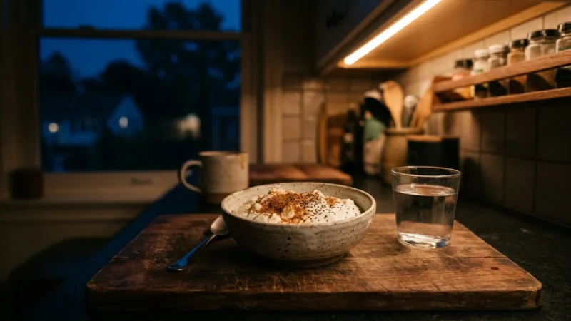 A small bowl of Greek yogurt with chia seeds and cinnamon on a wooden cutting board in a dimly lit kitchen at night.