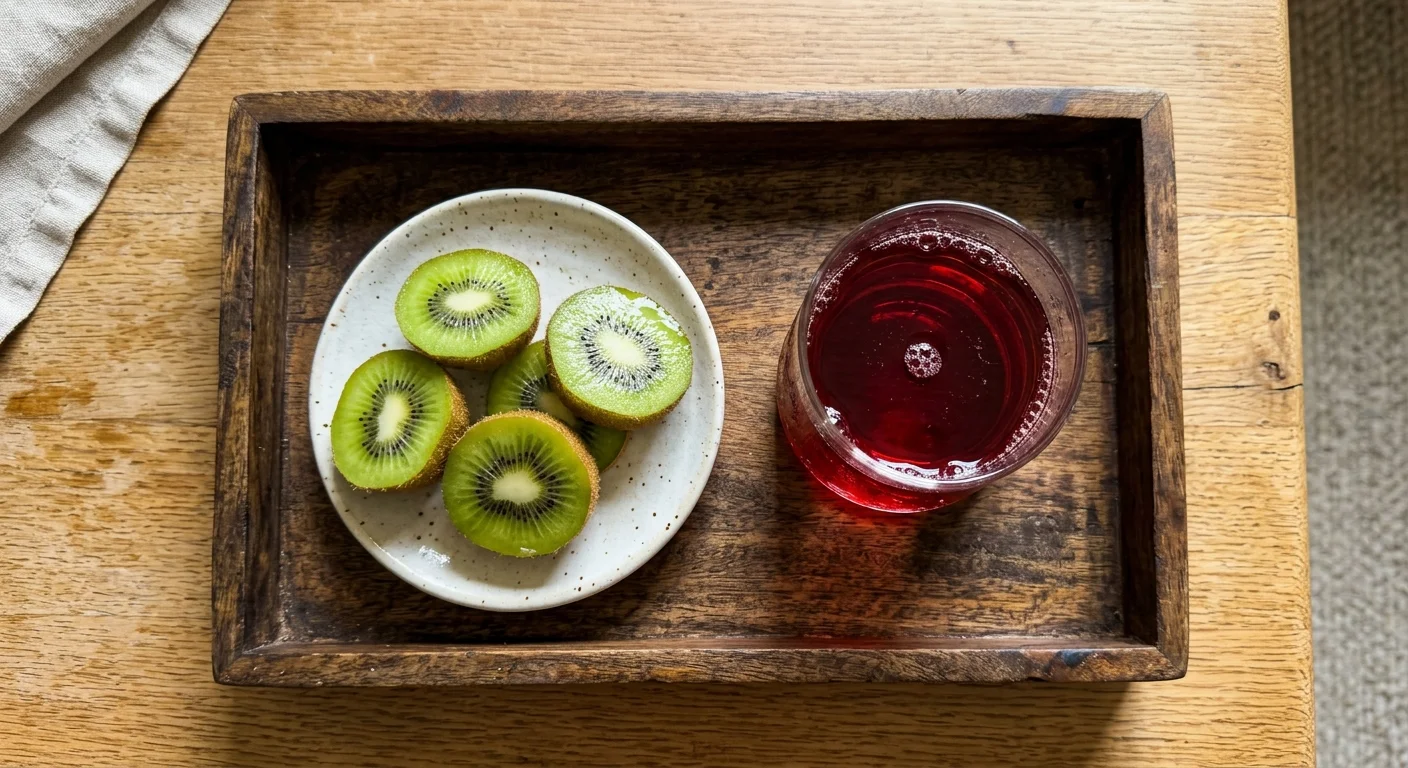 A small glass of tart cherry juice alongside sliced green kiwifruits on a dark wooden tray.