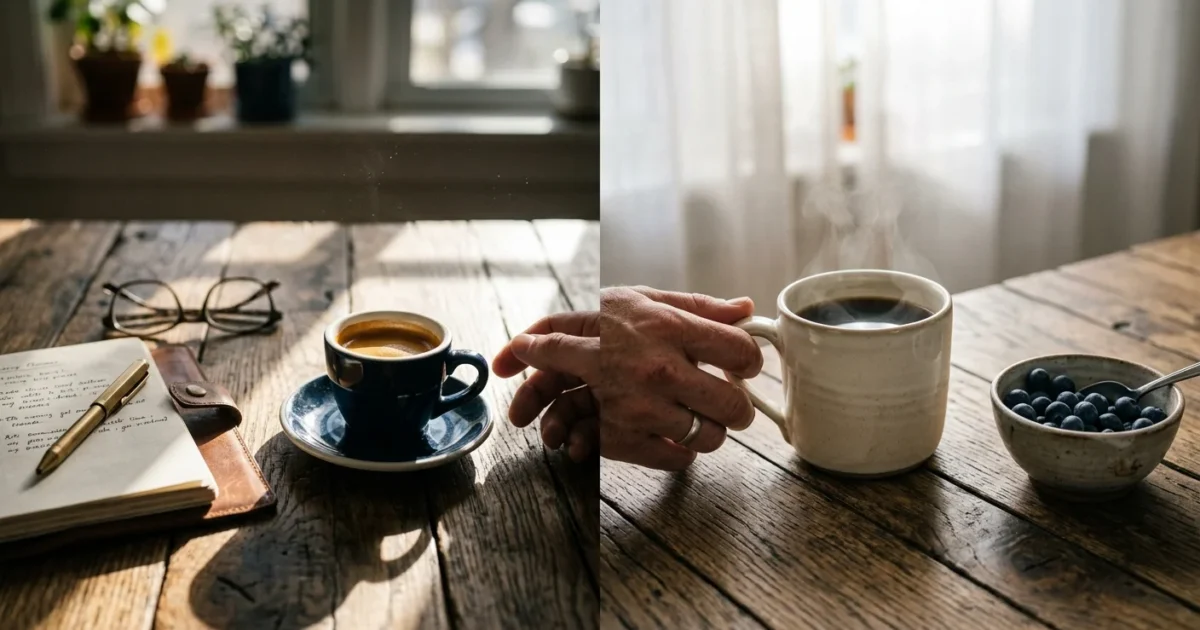 A split-focus photograph showing a rich morning espresso under sharp sunlight next to a soft, steaming cup of decaf under warm, diffused lig