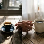 A split-focus photograph showing a rich morning espresso under sharp sunlight next to a soft, steaming cup of decaf under warm, diffused lig