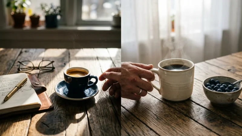 A split-focus photograph showing a rich morning espresso under sharp sunlight next to a soft, steaming cup of decaf under warm, diffused lig