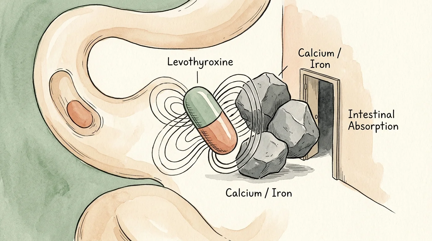 A stylized ink illustration of a Levothyroxine pill bound by Calcium and Iron minerals, unable to pass through a doorway labeled Intestinal