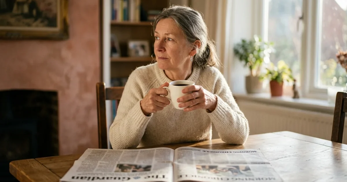 A thoughtful older woman sits at a sunlit wooden table holding a mug, with a newspaper in the foreground showing subtle central blur.