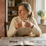 A thoughtful older woman sits at a sunlit wooden table holding a mug, with a newspaper in the foreground showing subtle central blur.