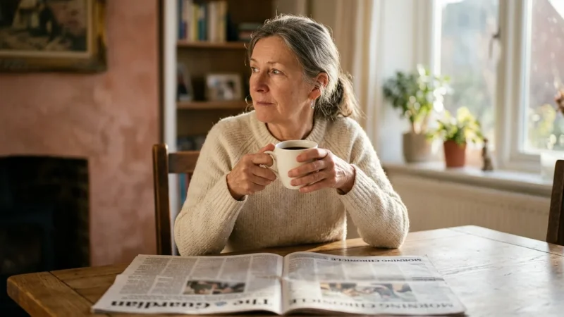 A thoughtful older woman sits at a sunlit wooden table holding a mug, with a newspaper in the foreground showing subtle central blur.