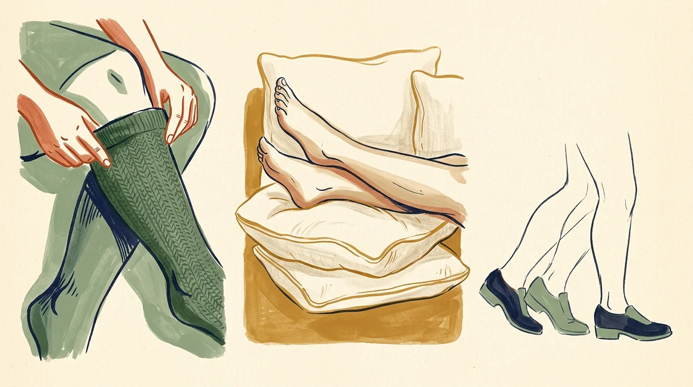 A three-panel illustration showing compression wear, leg elevation on pillows, and active walking for calf muscle stimulation.