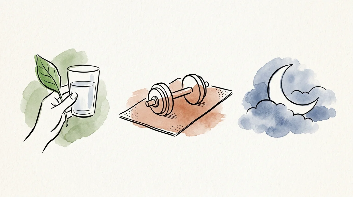 A three-part watercolor illustration depicting a leaf and glass of water, a dumbbell, and a crescent moon in clouds.