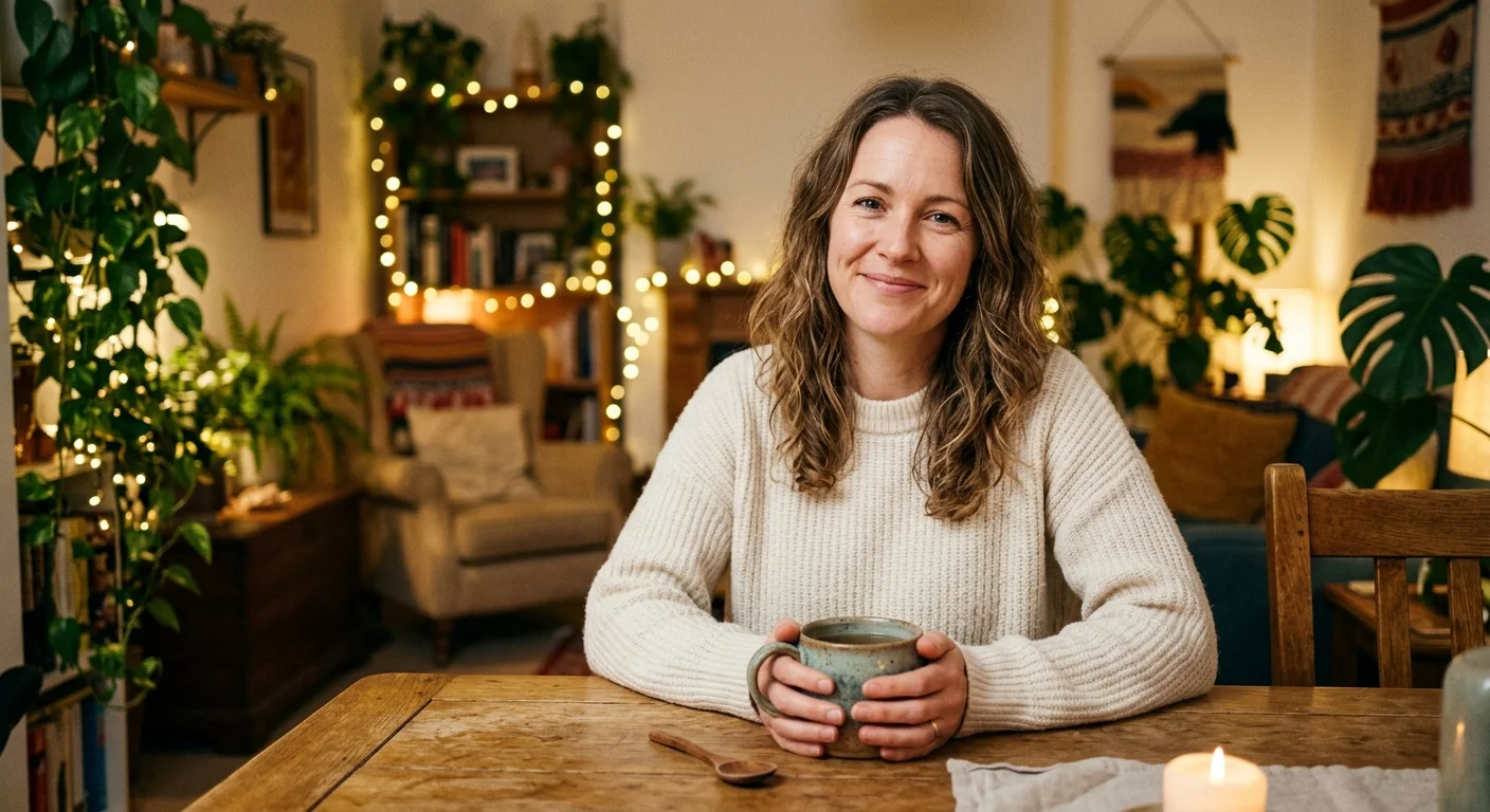 A warm, candid photo of a smiling woman in a knit sweater holding a ceramic mug at her kitchen table.