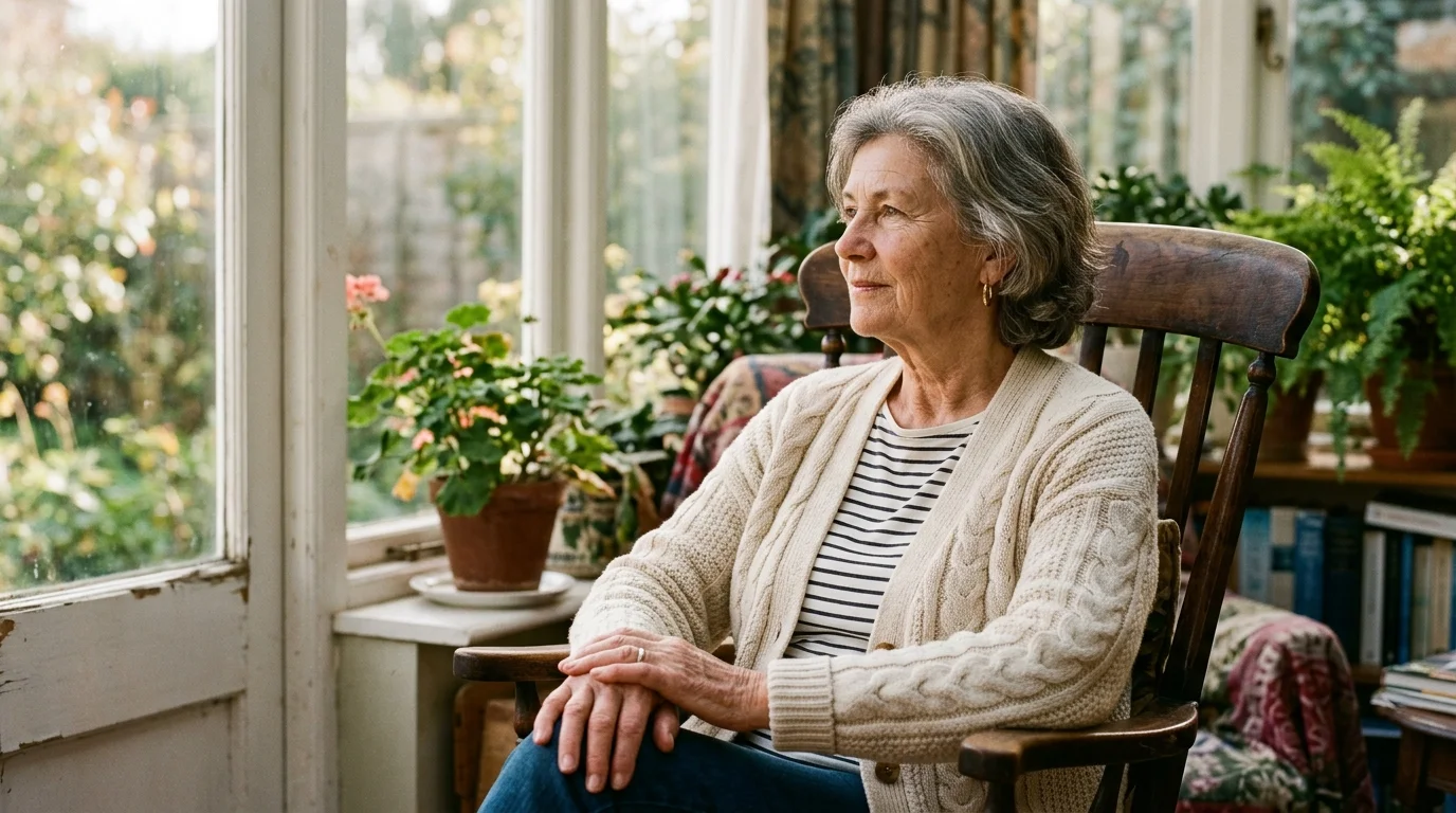A warm, candid portrait of an older woman looking out her living room window with a thoughtful, serene expression.