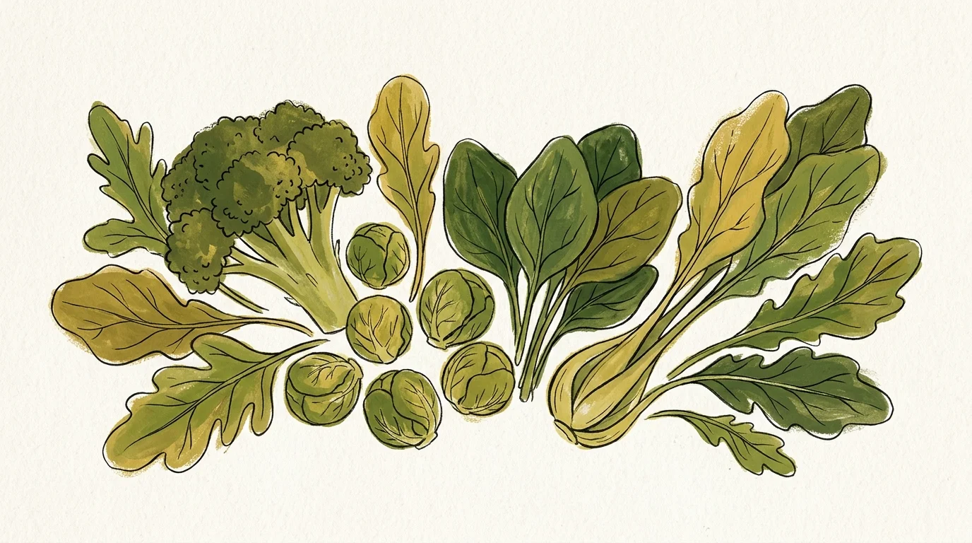 A warm gouache and ink illustration of stylized green vegetables, including broccoli and spinach, on a textured paper background.