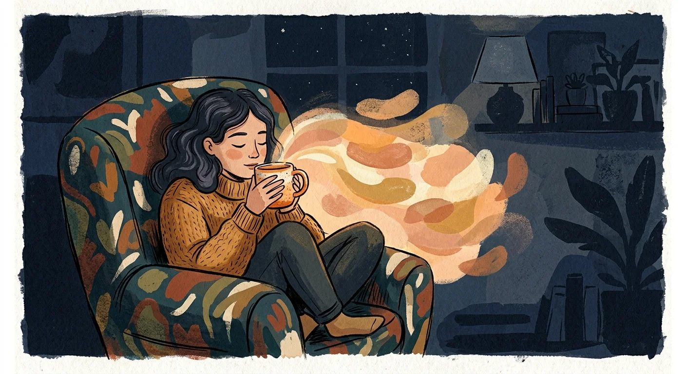 A warm gouache illustration of a person sitting in a large armchair, mindfully holding a warm mug.