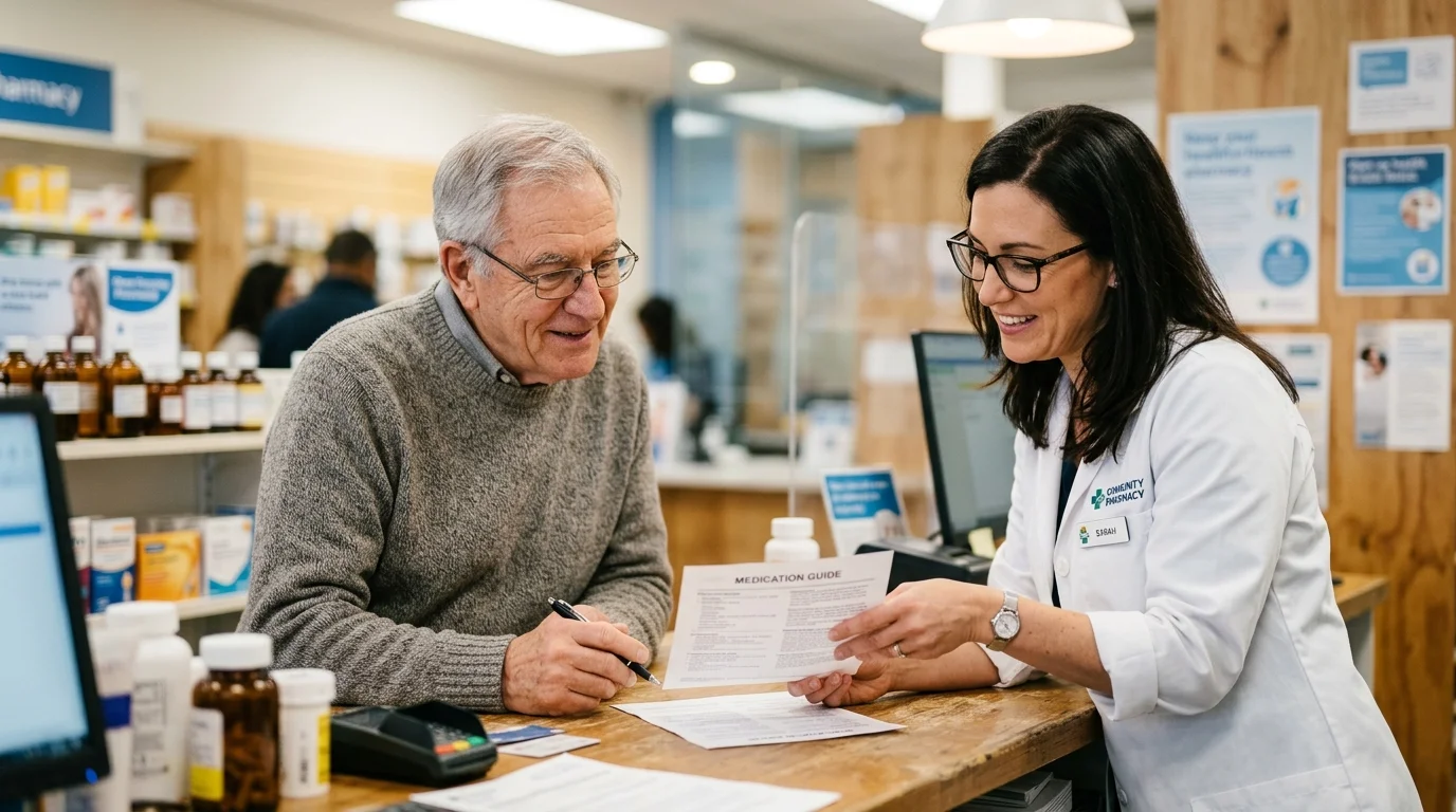 A warm photograph of a senior man in a knit sweater consulting with a female pharmacist in a white coat over a list of medications.