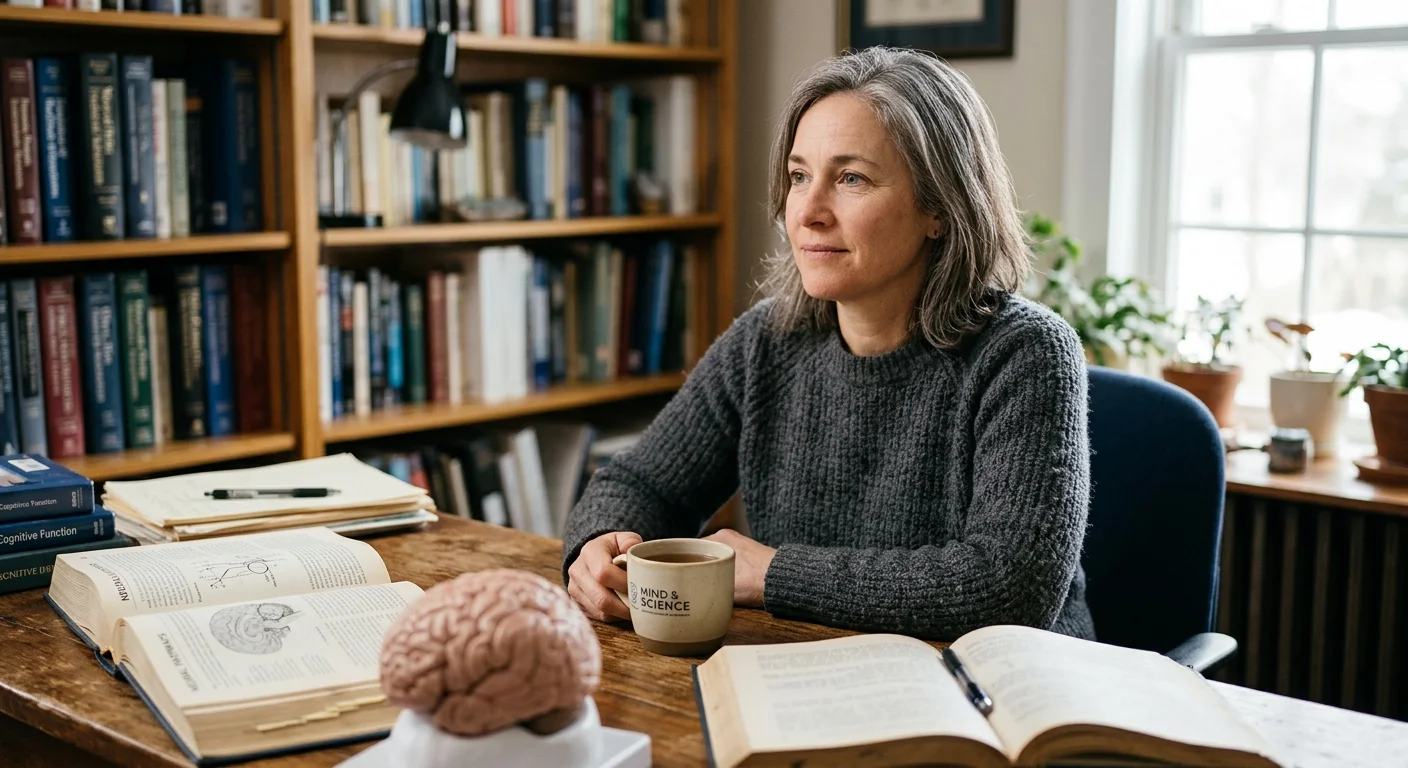 A warm portrait of a female neurologist in a book-lined office, sitting at a wooden desk with a brain model in soft focus.