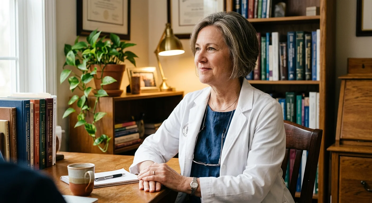 A warm portrait of a senior female healthcare provider listening attentively in a natural-light office.