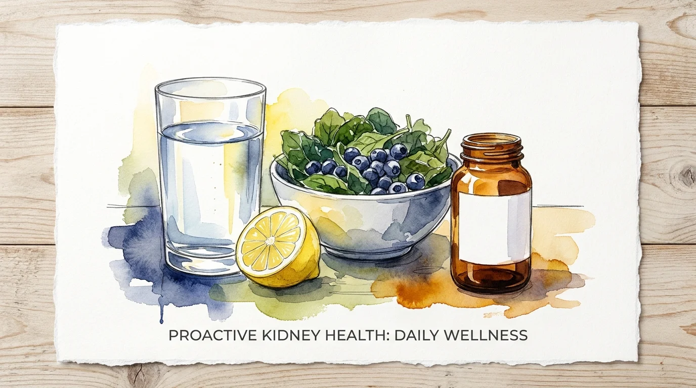 A warm watercolor still life of a glass of water, fresh blueberries, greens, and a prescription bottle, symbolizing kidney health strategy.