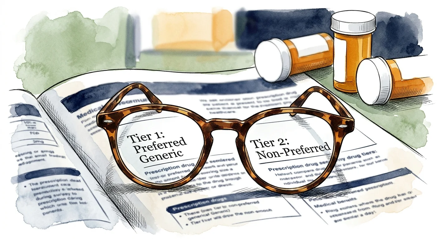 A watercolor illustration of reading glasses magnifying a prescription drug formulary list with drug tiers.