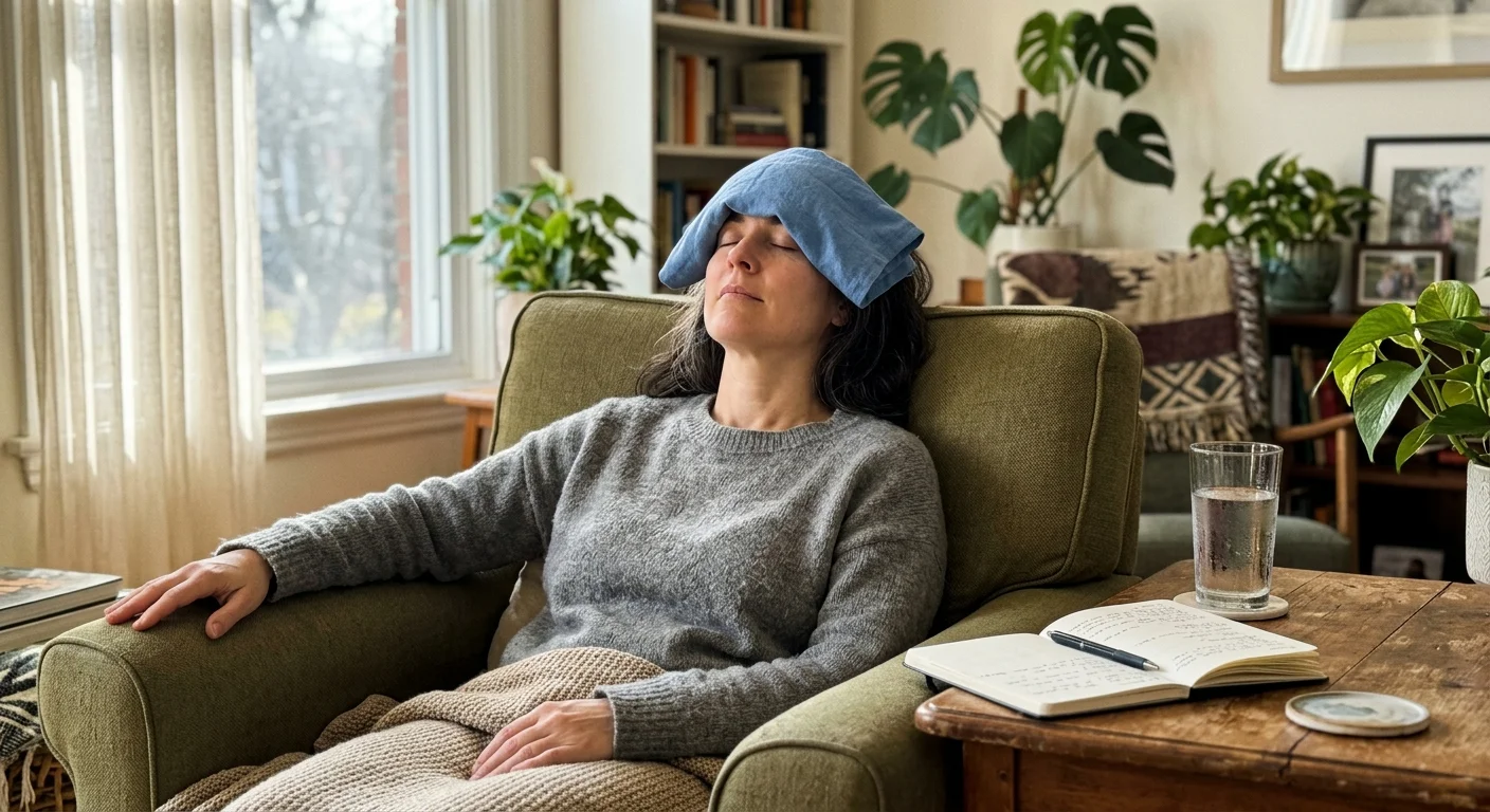 A woman resting on an armchair at home with a cool linen cloth over her eyes, with a glass of water on a wooden side table.