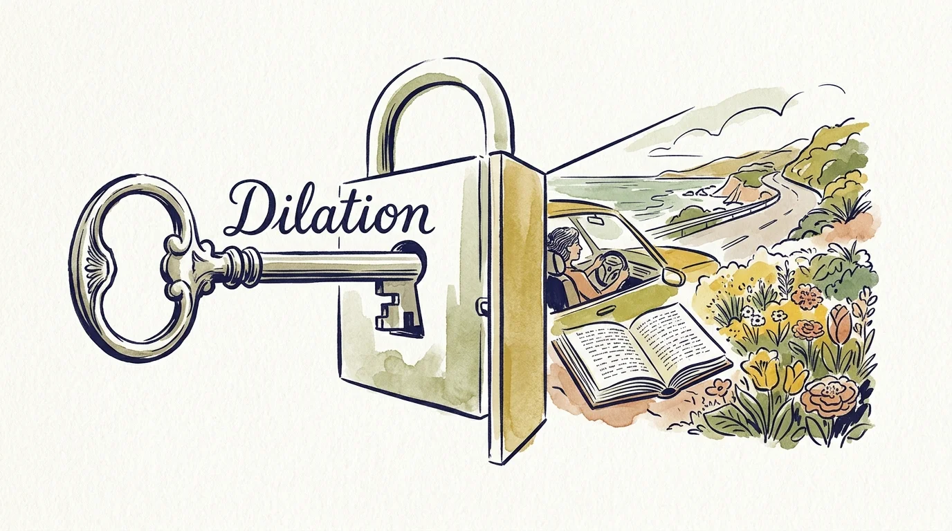 An artistic watercolor illustration of a key labeled 'Dilation' opening a lock to reveal a vibrant landscape of driving, reading, and garden