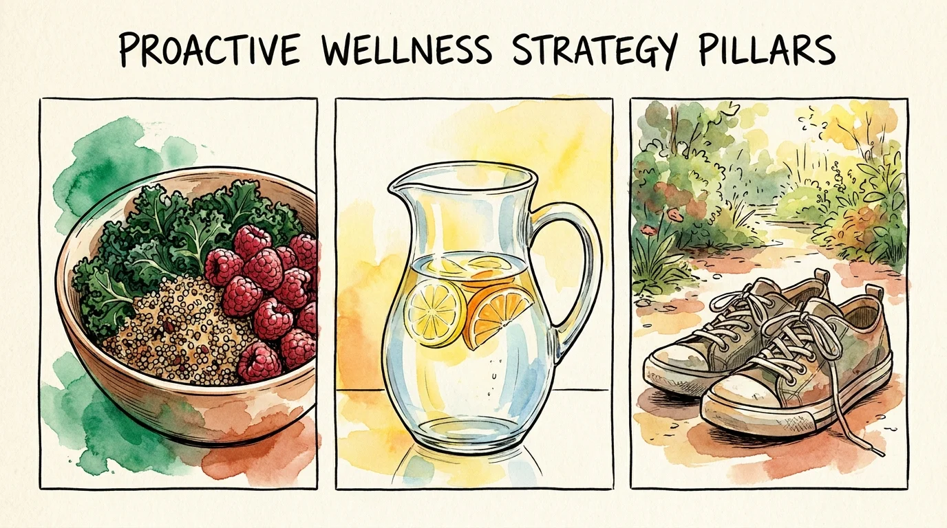An artistic watercolor illustration showing high-fiber foods, a water pitcher, and walking shoes as pillars of colon health.