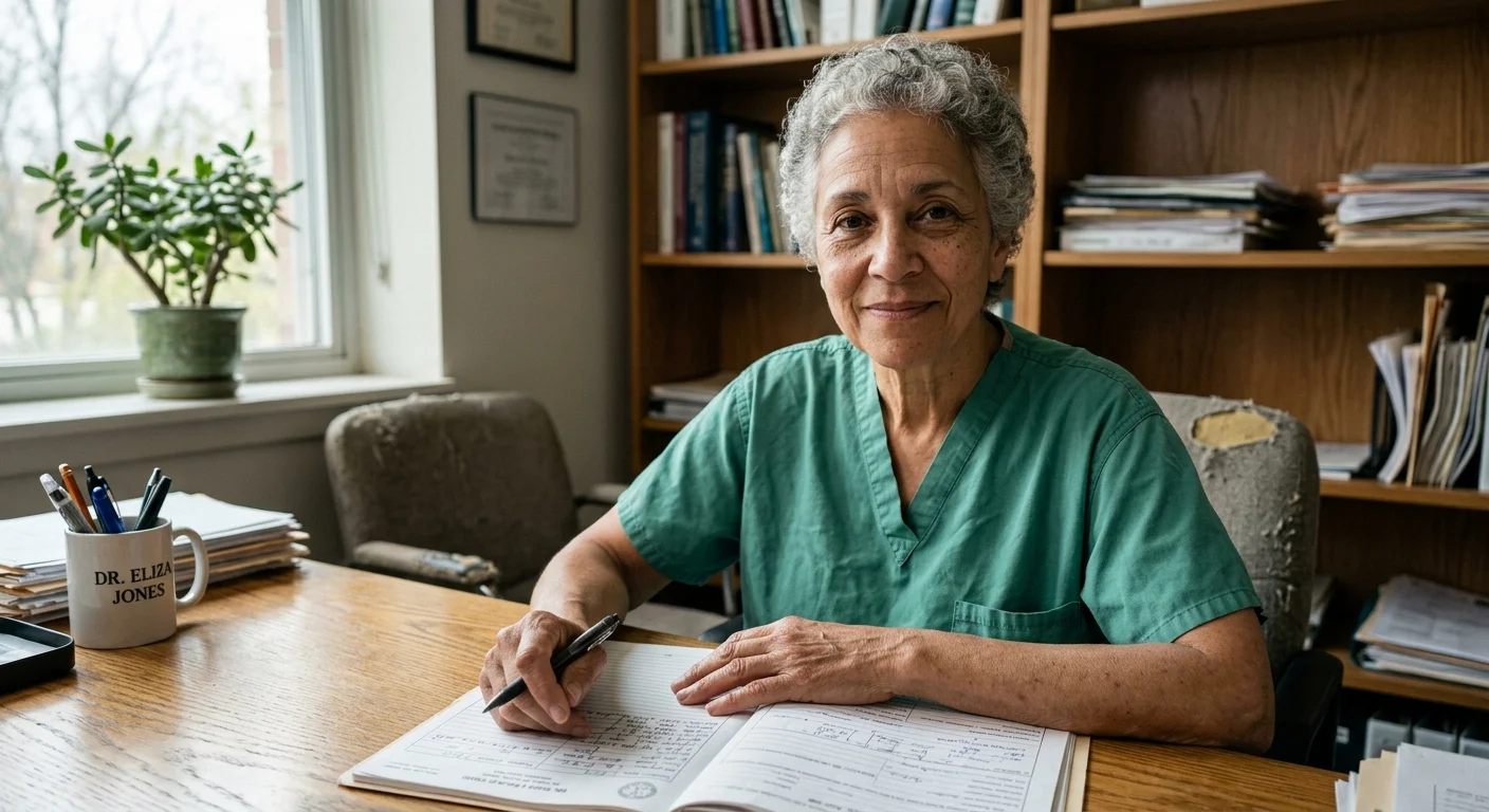 An authentic close-up portrait of a female geriatric doctor at her desk, looking warm and empathetic.