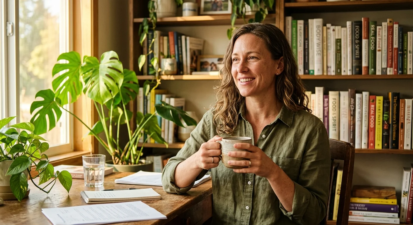 An authentic editorial portrait of a friendly dietitian in her sunlit home office, holding a ceramic coffee mug and smiling thoughtfully.