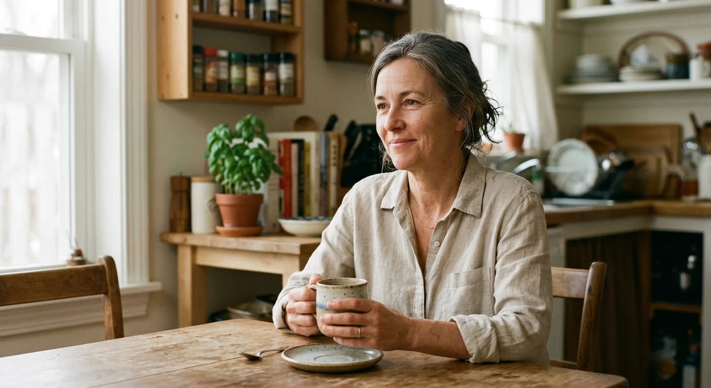 An authentic, warm portrait of a middle-aged woman smiling gently while holding a mug in her cozy home kitchen.