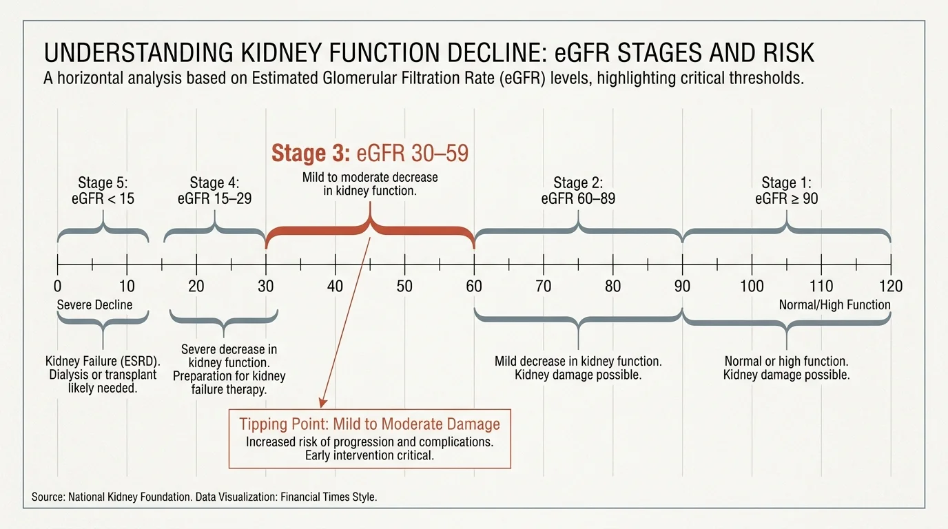 An editorial diagram showing the eGFR scale from 0 to 120, highlighting the Stage 3 kidney decline range of 30 to 59.