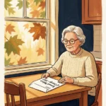 An editorial gouache illustration of a senior reading a 2027 Medicare Annual Notice of Change letter by a sunny autumn window.