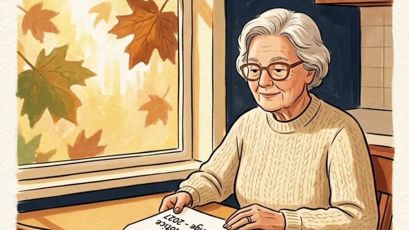 An editorial gouache illustration of a senior reading a 2027 Medicare Annual Notice of Change letter by a sunny autumn window.